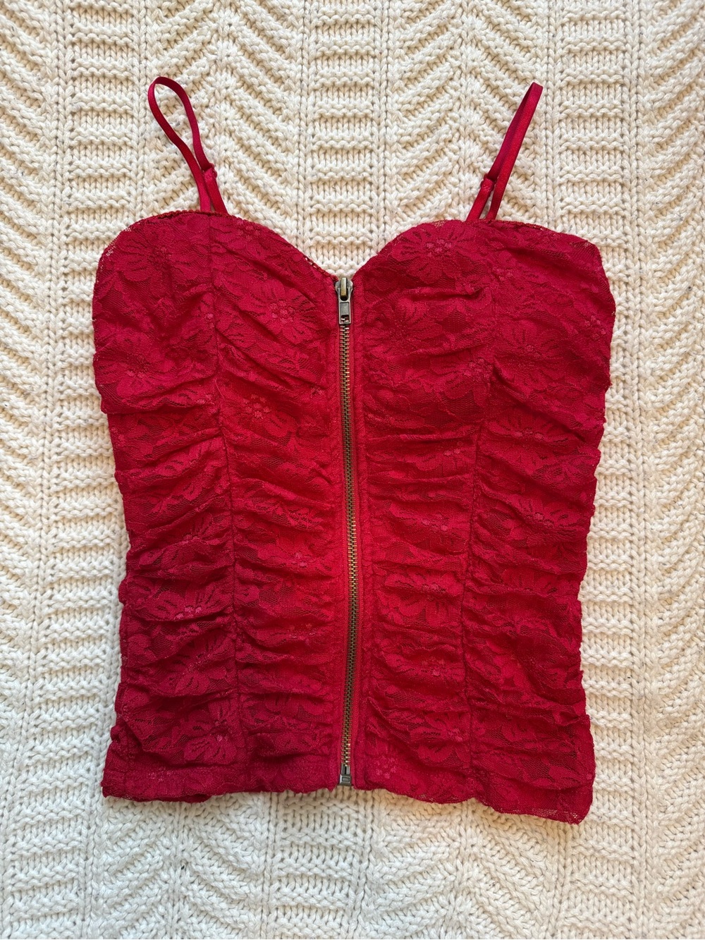 Red Lace Zip-Front Cami with Adjustable Straps